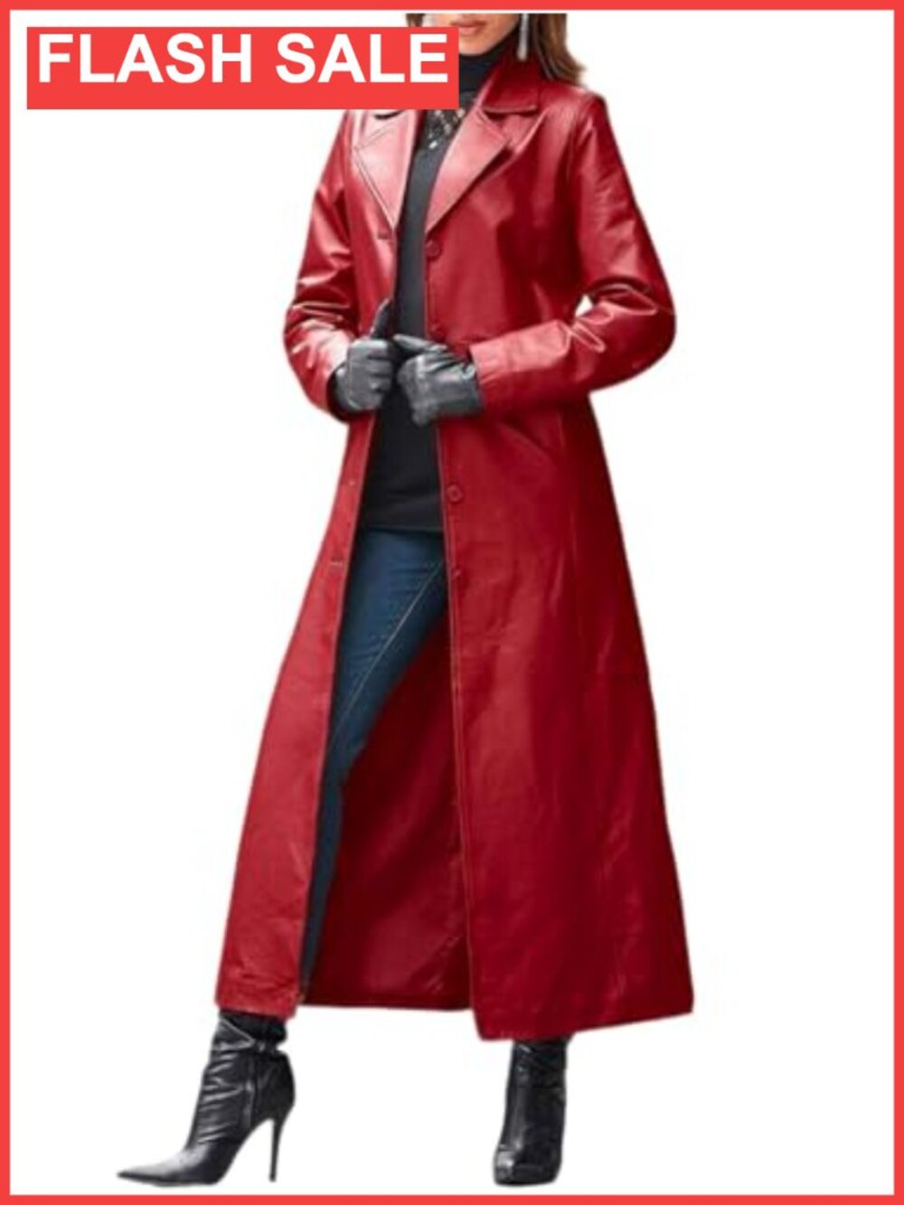 Faux Leather Trench Coat Women Classic Lapel Button Down Maxi Overcoat